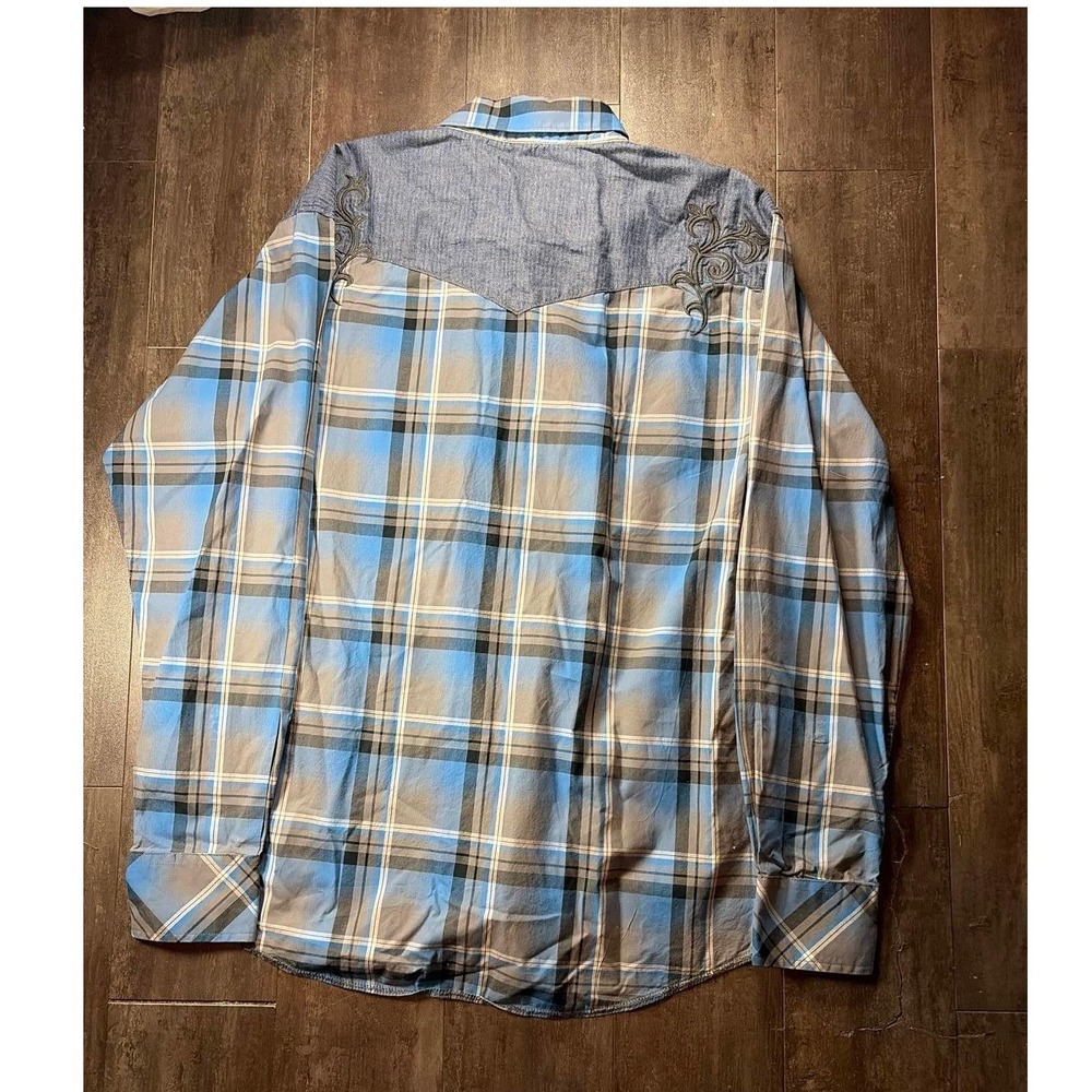 Rock 47 by Wrangler Western Shirt Mens XL Blue Plaid Embroidered Yoke Snap Front - Picture 4 of 7
